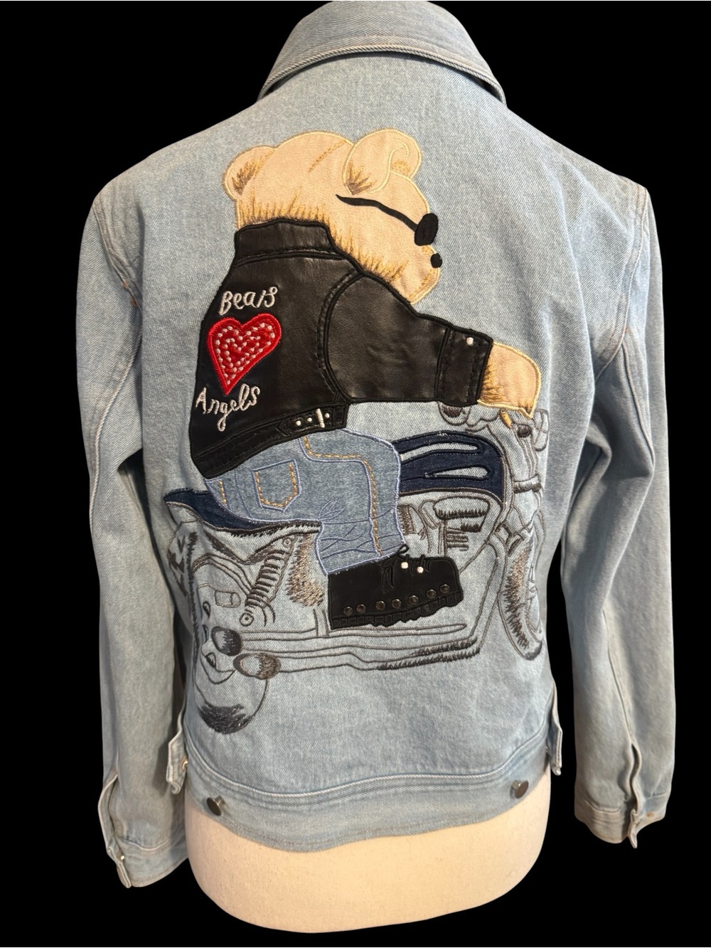 Vintage 1990’s Together Light Blue Denim Jacket embroidered biker bear